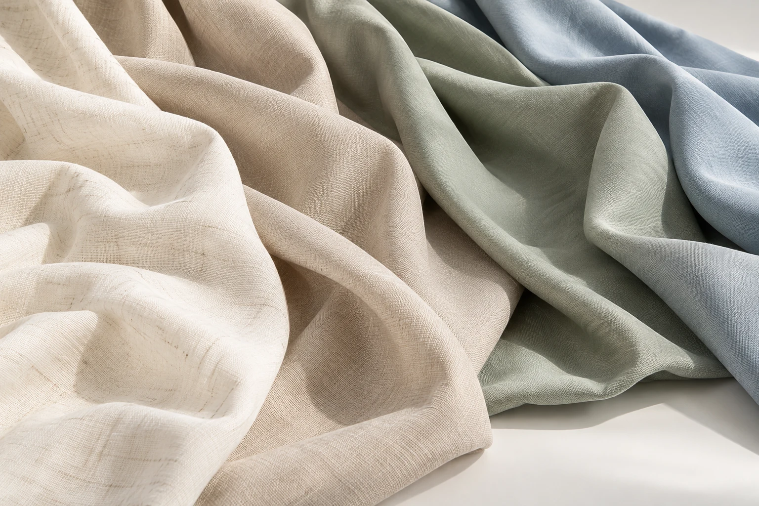 Editorial woven fabric inspiration in ivory, oat, sage and mist blue